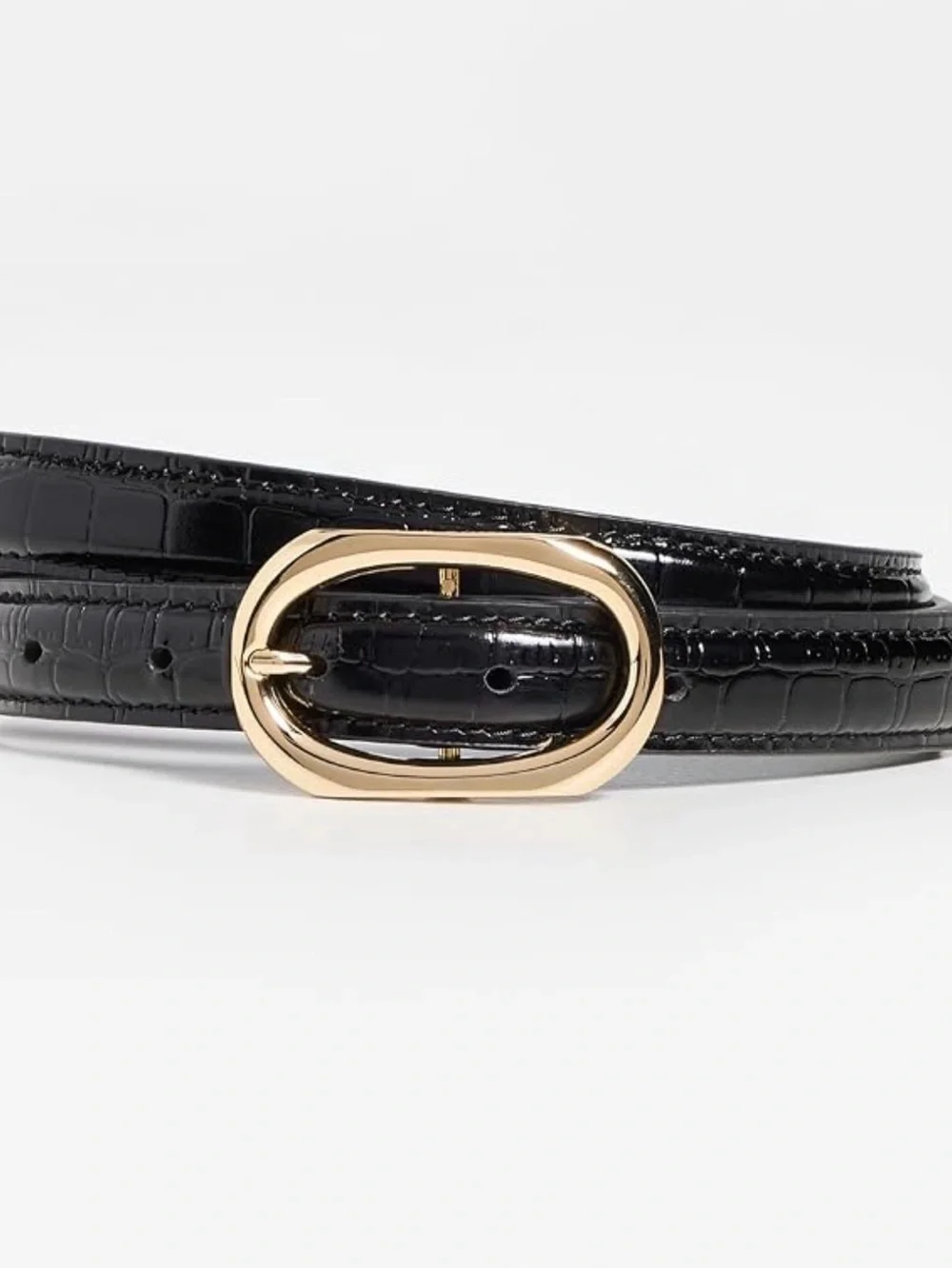 Anine Bing Mara Belt Black Croc-Embossed Leather Belt with Gold Oval Buckle